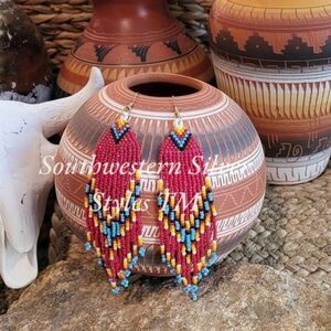 Southwestern Boho Tribal Native American Style Fringe Rice Bead Earrings (A)